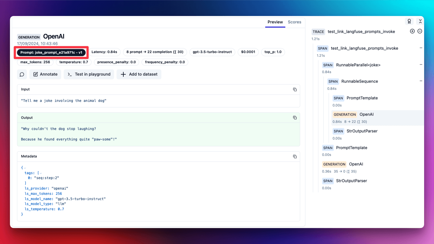 Trace view Langchain execution with Langfuse prompt link