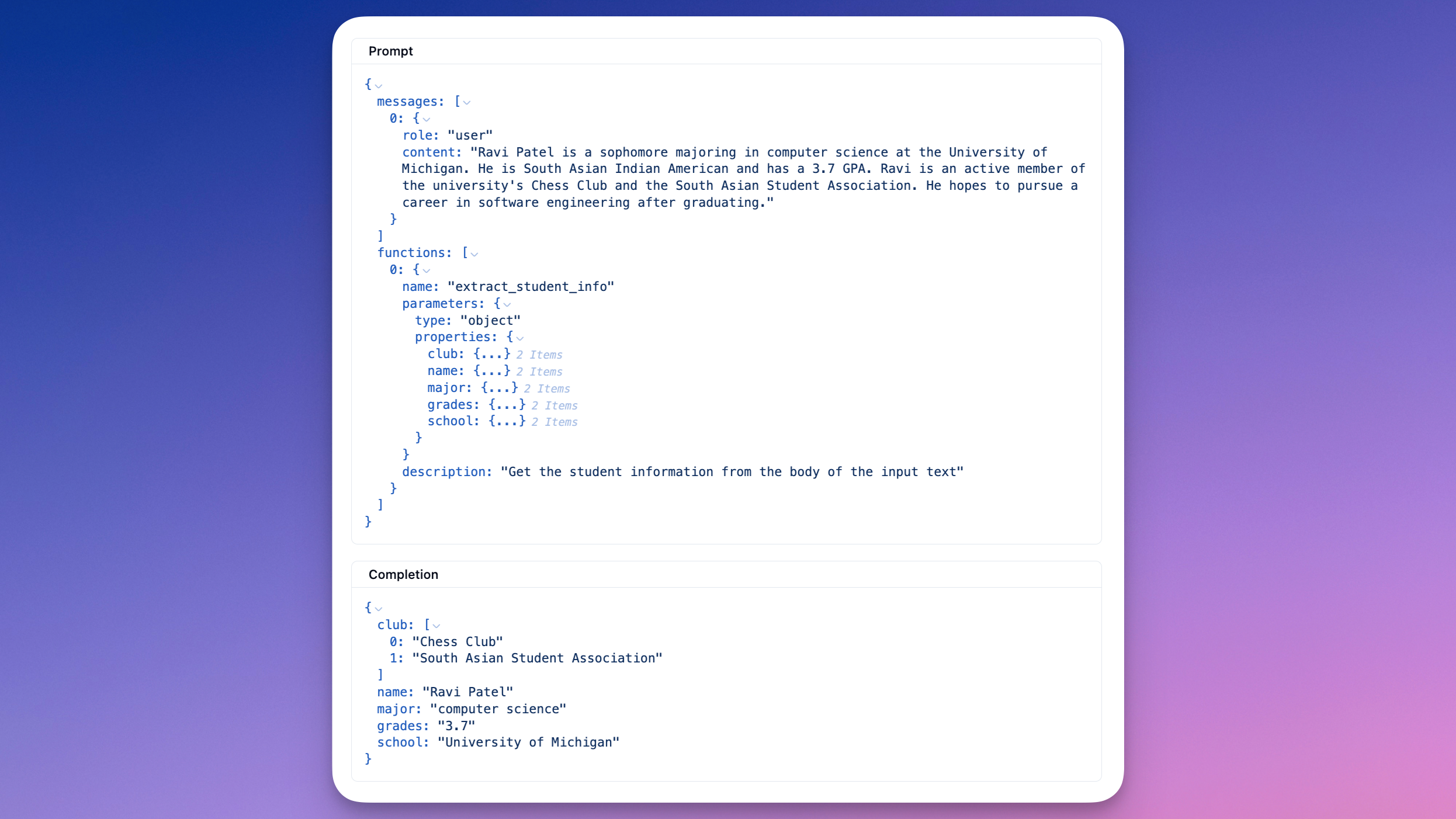 Improved support of complex inputs and outputs (e.g. OpenAI functions)